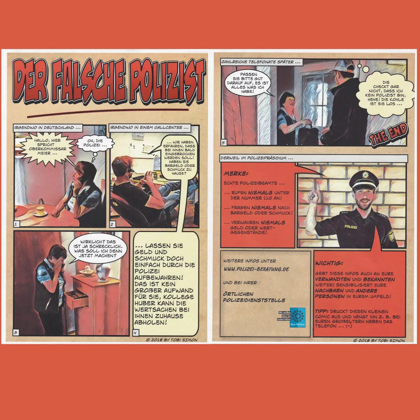Plakat im Comicformat, Falscher Polizist ergaunert am Telefon und mit Abholung Schmuck und Bargeld vom ahnngslosen Opfer