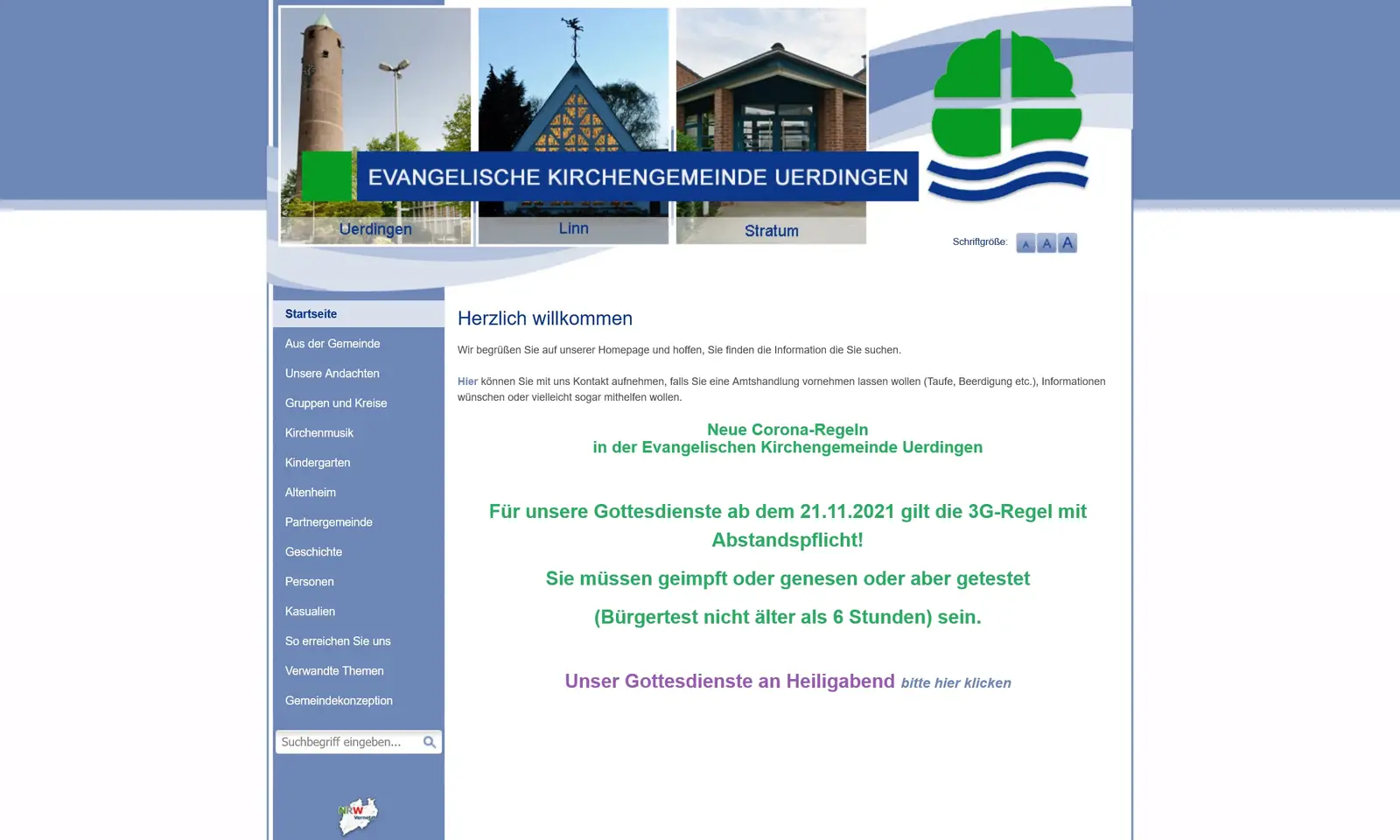 Screenshot von der Webseite "Evangelische Kirchengemeinde Uerdingen"