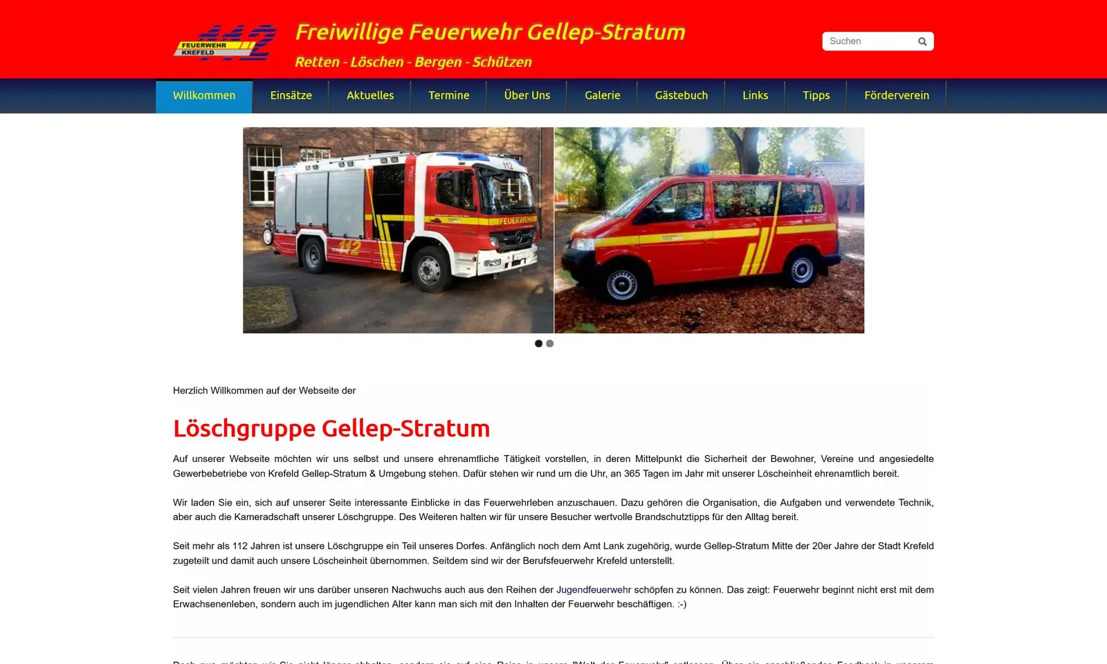 Screenshot von der Webseite "Feuerwehr Gellep-Stratum"