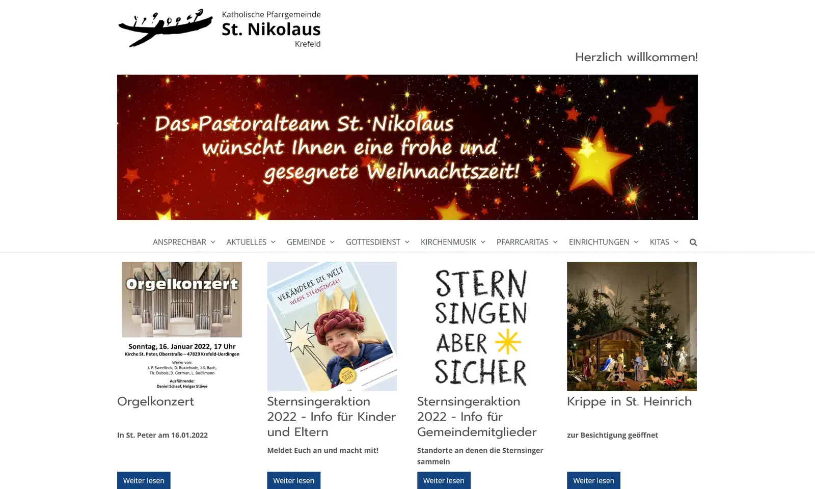 Screenshot von der Webseite "katholische Kirche - St. Nikolaus Krefeld"