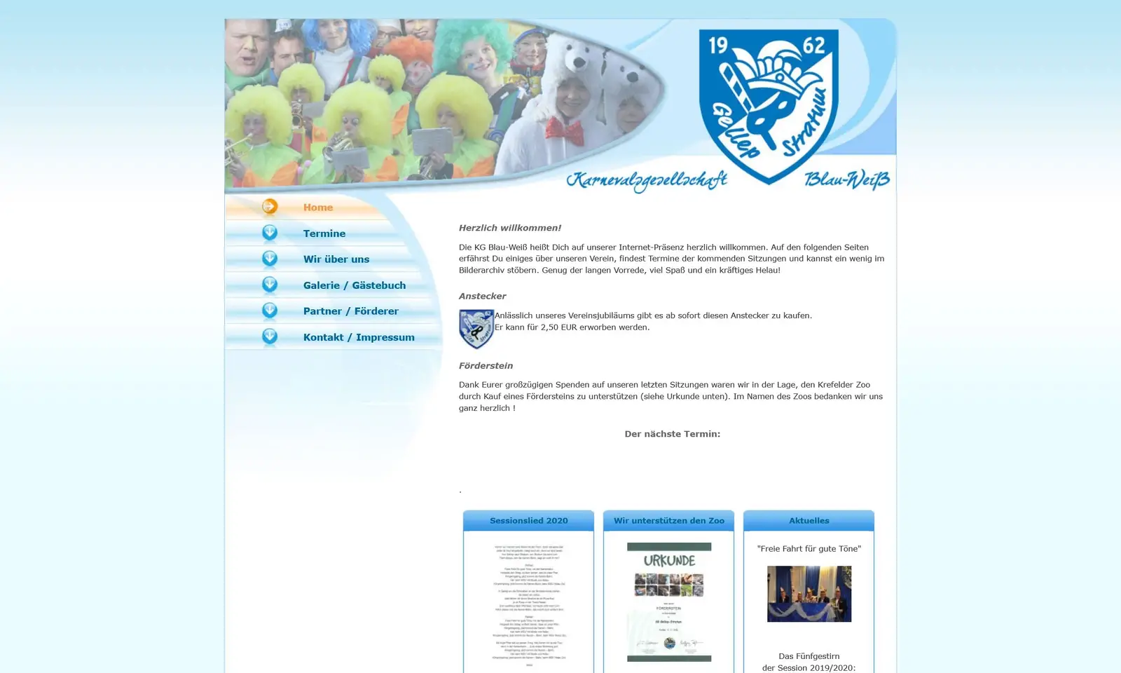Screenshot von der Webseite "Karnevalsgesellschaft Blau-Weiß KR-Gellep-Stratum 1962"