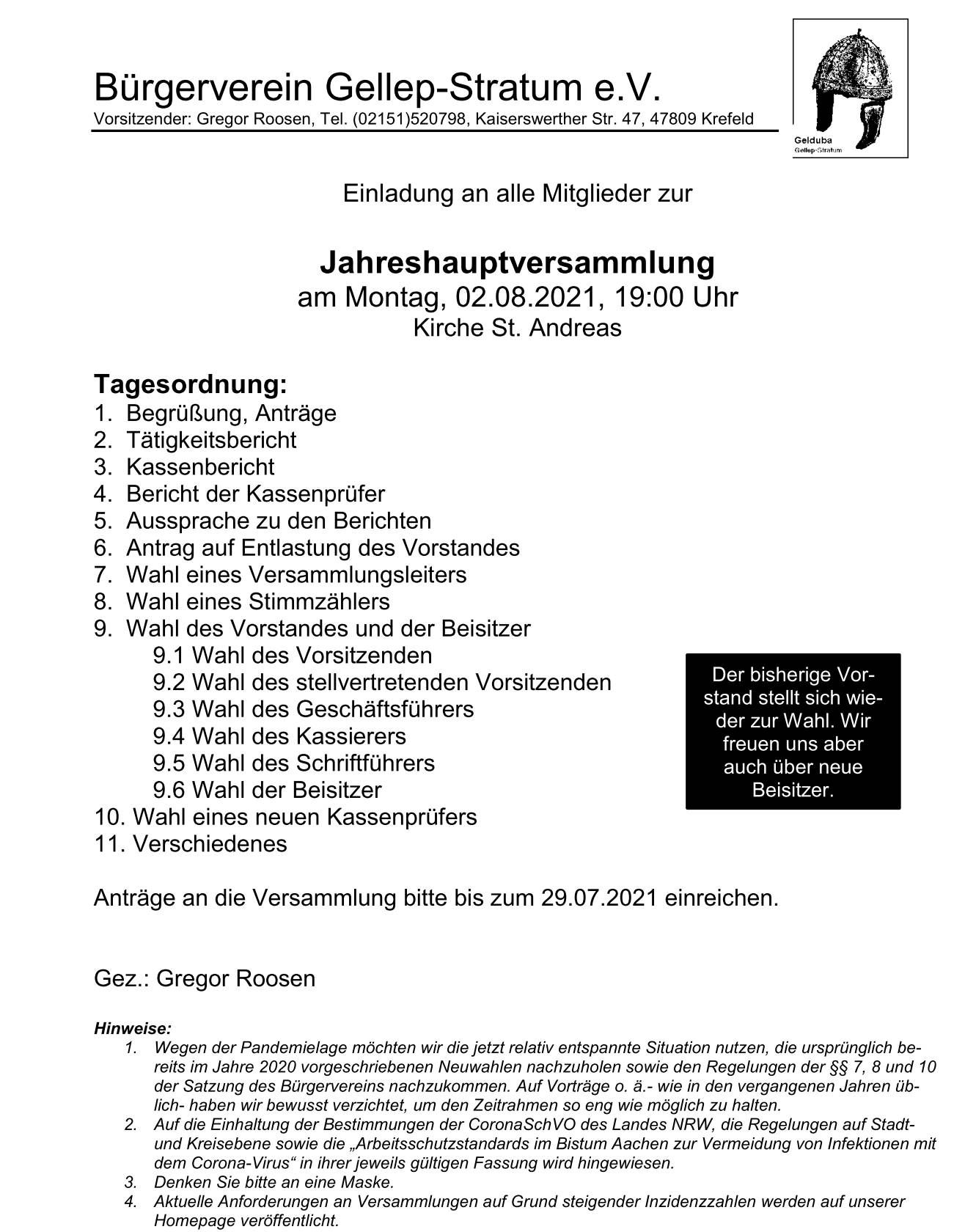 02.08.2021: Einlaung zur Jahreshauptversammlung des Bürgerverein Gellep-Stratum