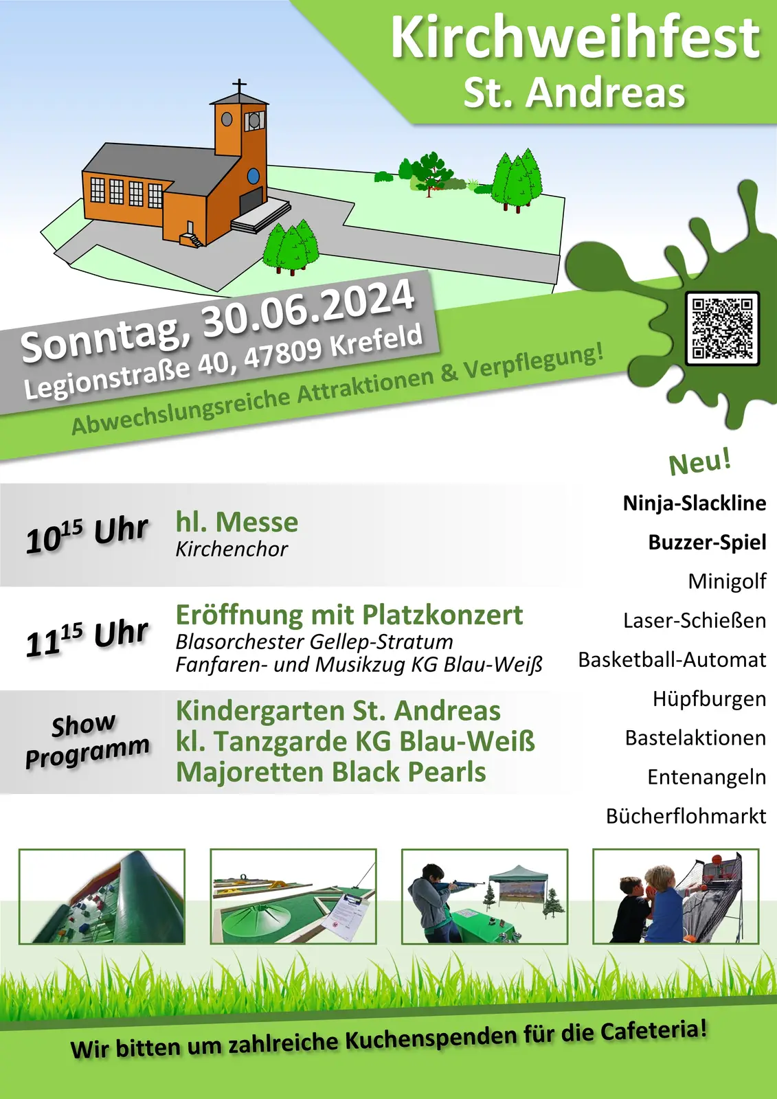 Plakat weiß/grün, mit Informationen und Programm zum Kirchweihfest in Gellep-Stratum am 30.06.2024