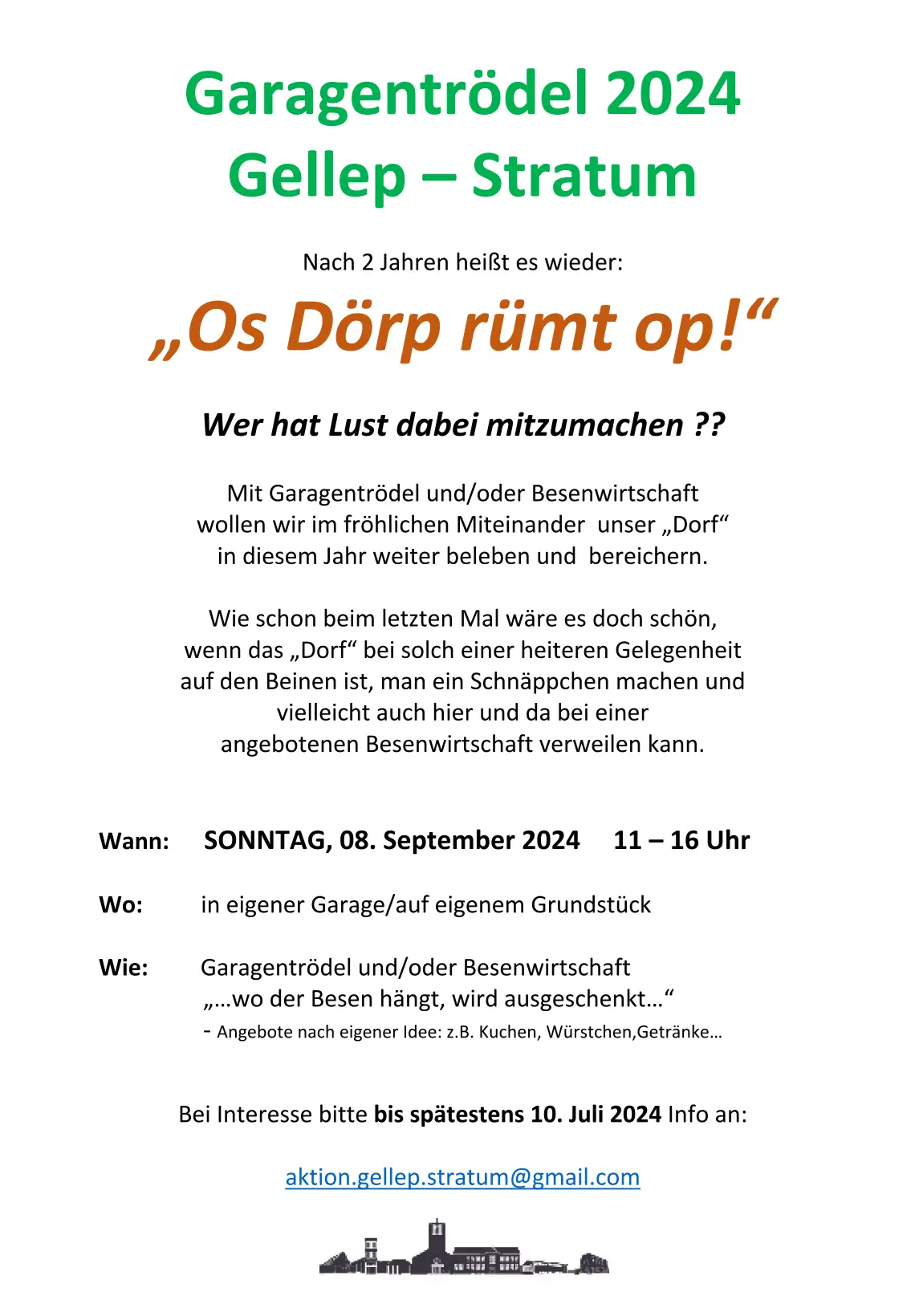Plakat weißn, mit Informationen zum Garagentrödelmarkt am 8. September 2024