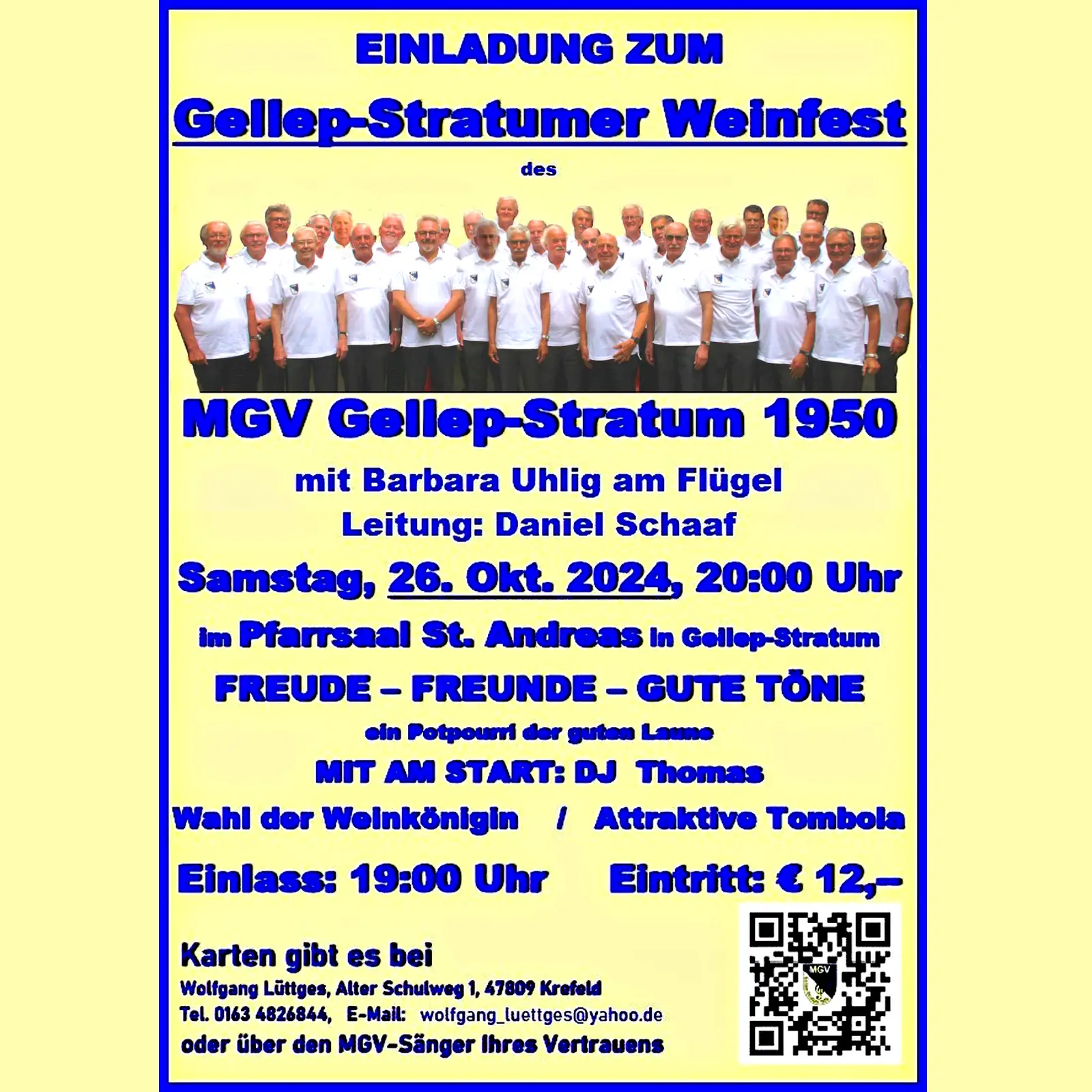 Plakat des MGV 1950, auf gelbem Hintergrund mit blauer Umrandung und dem Programm zum Weinfest 2024